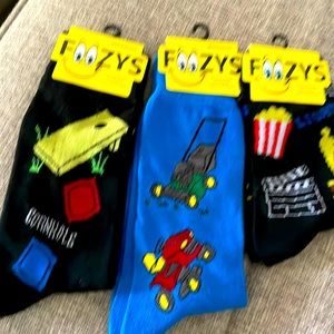 NWT 3 pairs of Foozys socks. Themes - movies, cornhole & lawnmowers.